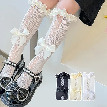 2023 Нови детски дълги дантелени чорапи за момичета с волани за деца, бели чорапогащи до коляното с лък