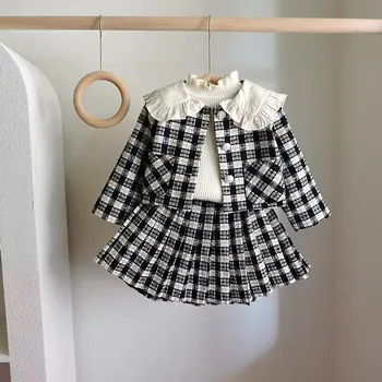 Елегантен Есенен комплект за малки момичета, черно клетчатое детско топло твидовое вязаное палто + плисирани поли-опаковки, комплект детски дрехи от две части