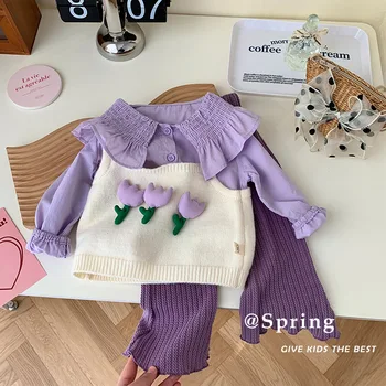 Пуловер с цветен модел за момичета 0-6 години, есенна южнокорейската детски дрехи, модерен контрастен есенен детски топ за малките момичета