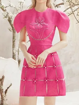 SMTHMA/ Ново Модно Дизайнерско лятна рокля с бродерия на цветя в Розово-червен цвят, за жени, красиви мини рокли с къс ръкав