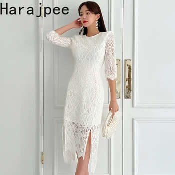 Дантелено рокля Harajpee 2023 Пролетна мода, Нов Корейски стил, Темперамент, Талия, Облегающая, Сексуална, Неправилни, с цепка, Елегантни Директни рокли