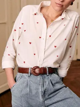 Дамска блуза с бродерия във формата на сърце, Однобортная свободна риза с дълъг ръкав и отложным яка
