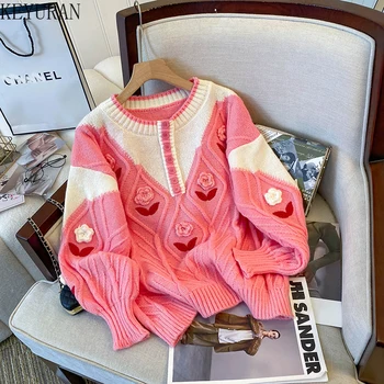 Розови сладки пуловери с обемно цвете, Пуловери, Дамски есенно-зимните фланелки с кръгло деколте и дълъг ръкав, потници, Жилетки Pull Femme