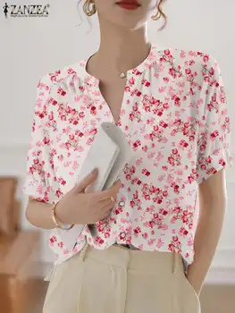ZANZEA Ежедневни Свободна Женска Блуза, 2023, Летни Блузи с къс ръкав и Цветна Принтом, Модерна Туника с V-образно деколте, Празнична Риза В Корейски Стил