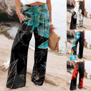 Дамски Ежедневни модни Прости широки панталони с еластичен ластик на талията, цветни ежедневни панталони с джобове с флорални принтом, Дамски панталони с джобове