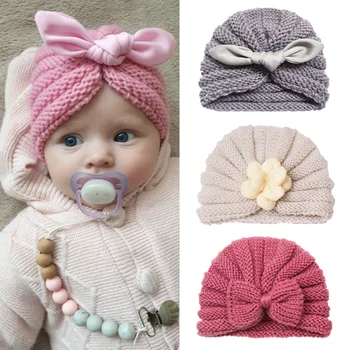 Вязаная зимна детска шапка за момичета Ярки цветове, Очарователна детска шапчица-тюрбан, Шапки за новородени момчета, аксесоари