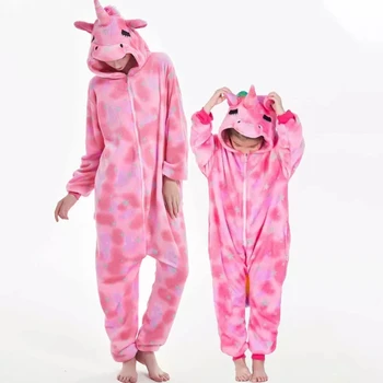 Семейни пижами Кигуруми в розово грах с изображение на котка, пижами за cosplay, пижами за деца и възрастни