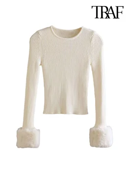 ТРАФИКА/ Женски модерен съкратен вязаный пуловер с изкуствена кожа, годината на реколтата дамски Пуловер с кръгло деколте и дълъг ръкав, Шик върховете