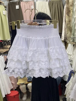 Корейски дантелени мини поли в стил мозайка с волани за момичета, дамски панталон с еластична талия, Трапециевидная лятна дамска къса пола, Директна доставка