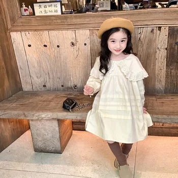 Детско однотонное рокля 2023 Пролет Есен Кайсиев цвят, ново модно сладка принцеса рокля с дълги ръкави и много завързана яка за момичета