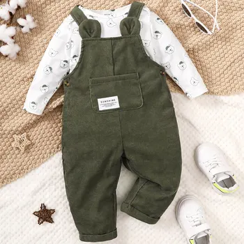 Комплект дрехи за най-малките момчета от 3 до 24 месеца с хубави медвежонком, Бял топ с дълги ръкави + панталони на зелени ремешке, есенен комплект за момиченце