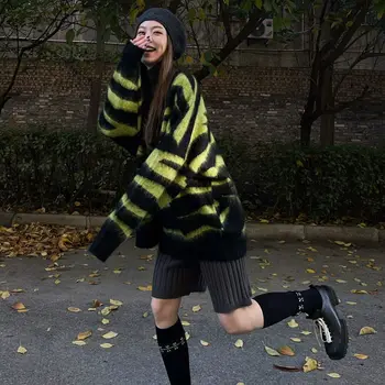 STSVZORR-Свободен жена пуловер в зелена ивица, Корейски топ, на Главната улица, от мохера, Есен-зима, Новост 2023 година