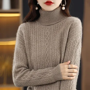 100% вълна, есенно-зимния женски нов жаккардовый пуловер, всекидневни вязаный обикновен пуловер с висока ревера, мека и дишаща блуза