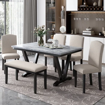 Бяла маса за хранене в модерен стил от 6 теми с 4 стола и 1 пейка, Плот от мраморно фурнир и V-образни крака на масата