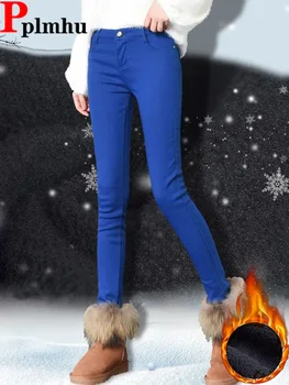 Дънки-молив с висока Талия и една плюшена подплата, Зимни Изолирана Стегнати Vaqueros, Ежедневни Дънкови Панталони Големи Размери, Корейски Модни Прилепнали Панталони Kot