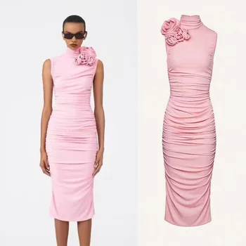Розови Елегантни рокли за жени С висока яка и цветен дизайн, рокля midi без ръкави, Модерно премяна Vestidos, Тънки дамски рокли
