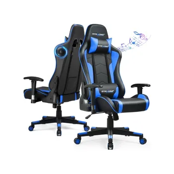 Игралното стол GTRACING Офис стол от изкуствена кожа с високоговорителя Bluetooth за дома, синьо