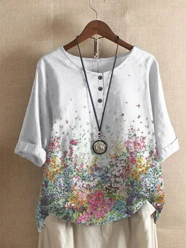 Лятна блуза, дамски блузи, Реколта блузи с цифрово принтом, с къс ръкав, Свободни Ежедневни блузи с кръгло деколте и копчета