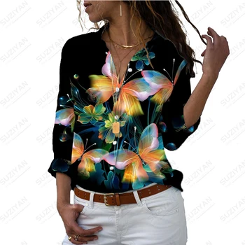 Лятна нова дамска риза с 3D принтом пеперуди, Женска риза в разговорния стил, Дамски ризи, Модни Свободни дамски ризи