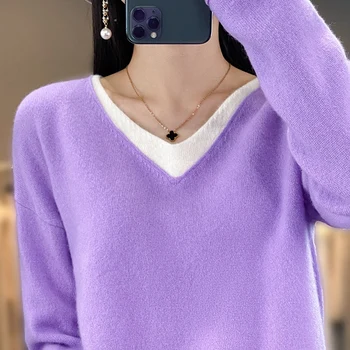 Есенно-зимния женски Нов мек лепилен пуловер от 100% вълна, Син Луксозен пуловер с високо качество, однотонная блуза с кръгло деколте