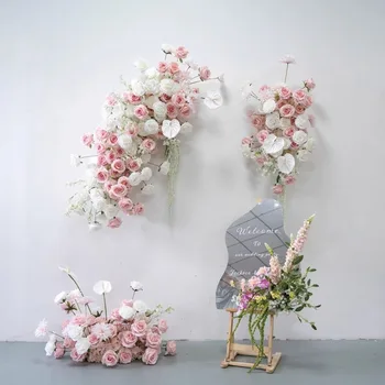 Сватбена арка, Розова роза, хортензия, антуриум, монтиран на стената на фона на цветята редица, Декоративна дъска KT, Подови договореност, парти, събитие Pro