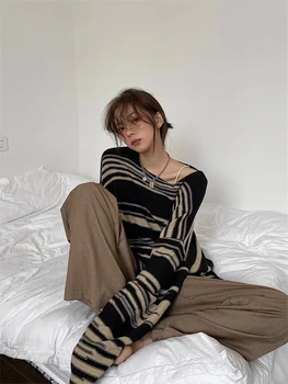 LMQ, нов дамски свободен пуловер в стил мозайка в стил пънк-готически райе с дълъг ръкав, хип-хоп, ретро, пуловер оверсайз, всекидневни плетени калъф за скок