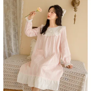 Красиви нощници от 100% памук с бродерия, Пижами, голям размер с Дълъг ръкав, Пролет-Есен Елегантна рокля