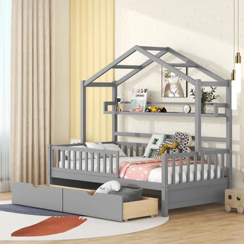 Дървено легло двойно по размер, Домашната легло, Бебешко легло, с покрив, 2 чекмеджета и рафт за съхранение, полузакрытое пространство, подходящо за детска спалня