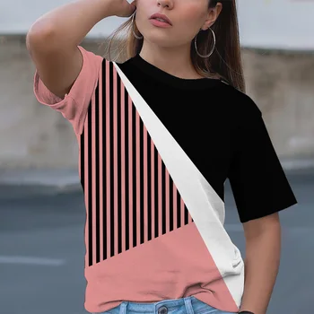 Модерна дамска тениска с цветен блок, лятна тениска с 3D-принтом, къс ръкав, дрехи от полиестерни влакна голям размер