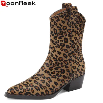 MoonMeek 2023, Нови леопардовые синтетични обувки в западен стил, без закопчалка, Модни дамски обувки до средата на прасците на средно квадратен ток, зимни обувки