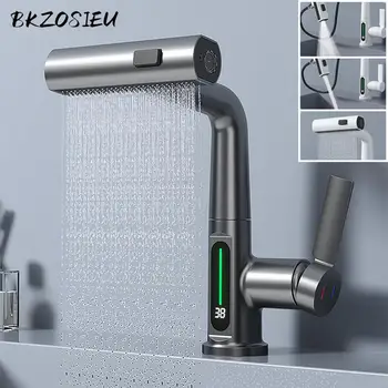 BKZOSIEU Смесител за баня с водопад, Цифров дисплей на температурата, Смесител за мивка, смесителна батерия за топла и студена мивки, прибиращи смесители за вода