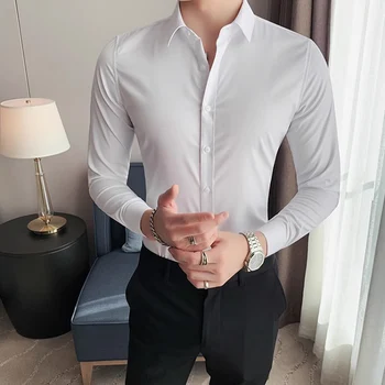 Мъжки Ежедневни ризи в корейски стил с дълъг ръкав и копчета, приталенная социална блуза в Бял, черен, жълт цвят