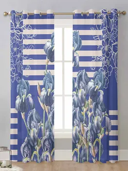Прозрачни завеси с флорални Сини линии За всекидневната, Прозрачен Воал, Тюлевая Завеса, Завесите Cortinas, Домашен Декор