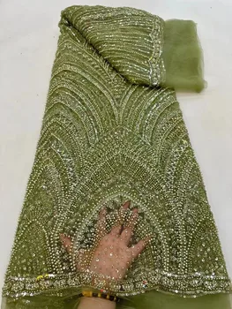 Африканска Лейси плат 2023, Благородна Лейси плат с френски перли и пайети, Нигерийски дантелени платове за Булчински рокли
