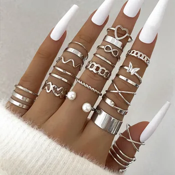 DIEZI Бохемски Ретро Комплект пръстени с перли във формата на Сърце и Пеперуда За Жени, Метален Геометричен Комплект пръстени с дупки, Модни бижута 2023 г.