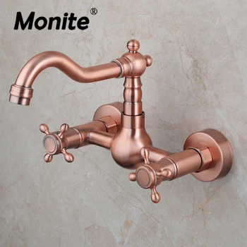 Monite, Въртящи се на 360 Градуса Батерия за мивка в банята, Двойни дръжки, Стенни смесители за баня, Смесители за топла и студена вода