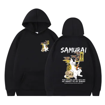 Нова есенно-зимна модна марка в стил хип-хоп, пуловер с принтом котка самурай, hoody с качулка, мъжки свободна руното тенденция японската серия