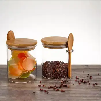 Стъклени съдове с капак и лъжица, Малък контейнер за съхранение на храна Кухненски плотове Притурка Херметически затворен мини-стъклени буркани за кухни